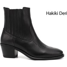 Gönderi® Kadın Siyah Kalın Topuklu Hakiki Deri Kovboy Bot