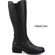 Gönderi® Kadın Siyah Fermuarlı Kalın Topuklu Hakiki Deri Çizme