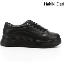Kadın Kömür Lastik Bağcıklı Comfort Dolgu Taban Hakiki Deri Sneaker