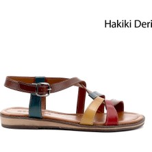 Gönderi(r) Kadın Kahveye Kırmızı Sarı Hakiki Deri Sandalet