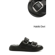 Gönderi® Kadın Siyah Tokalı Dolgu Taban Hakiki Deri Comfort Terlik