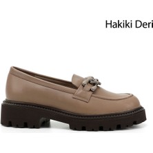 GÖNDERİ Kadın Vizon Antik  Kalın Topuklu Tokalı Hakiki Deri Loafer Ayakkabı