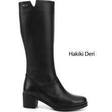 Gönderi(r) Kadın Siyah Floter Fermuarlı Kalın Topuklu Hakiki Deri Çizme