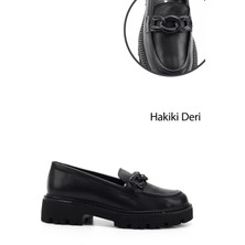 GÖNDERİ Kadın Siyah  Kalın Topuklu Tokalı Hakiki Deri Loafer Ayakkabı