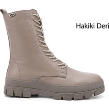 GÖNDERİ Kadın Bej  Fermuarlı Kauçuk Taban Hakiki Deri Postal Bot