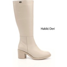 Gönderi(r) Kadın Bej Fermuarlı Kalın Topuklu Hakiki Deri Çizme