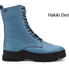 GÖNDERİ Kadın Mavi  Fermuarlı Kauçuk Taban Hakiki Deri Postal Bot