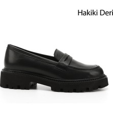 GÖNDERİ Kadın Siyah  Kalın Topuklu Hakiki Deri Loafer Ayakkabı