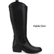Gönderi® Kadın Siyah Fermuarlı Kalın Topuklu Hakiki Deri Kovboy Çizme