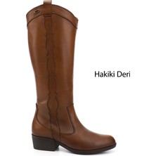 Gönderi(r) Kadın Taba Antik Fermuarlı Kalın Topuklu Hakiki Deri Kovboy Çizme