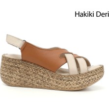 Gönderi(r) Kadın Bej - Taba  Cırt Bantlı Dolgu Topuk Hakiki Deri Sandalet