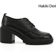 Gönderi® Kadın Siyah Bağcıklı Orta Kalın Topuklu Hakiki Deri Ayakkabı