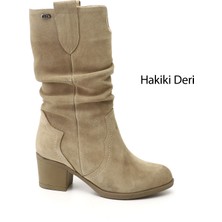 GÖNDERİ Kadın Bej  Kalın Topuklu Körüklü Hakiki Deri Çizme