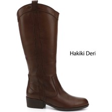 Gönderi(r) Kadın Kahve Antik Fermuarlı Kalın Topuklu Hakiki Deri Kovboy Çizme