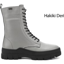 GÖNDERİ Kadın Gri  Fermuarlı Kauçuk Taban Hakiki Deri Postal Bot