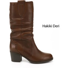 GÖNDERİ Kadın Kahve Antik  Kalın Topuklu Körüklü Hakiki Deri Çizme