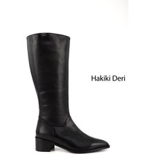 Gönderi(r) Kadın Siyah Sivri Burun Kalın Topuklu Hakiki Deri Çizme