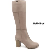 Gönderi(r) Kadın Bej  Fermuarlı Kalın Topuklu Hakiki Deri Çizme