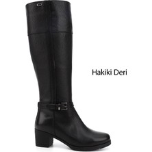 Gönderi(r) Kadın Siyah Floter Fermuarlı Kalın Topuklu Hakiki Deri Çizme