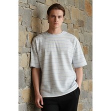 Dofi Dofı Erkek Gri Melanj Bisiklet Yaka Çizgili Rahat Kesim T-Shirt