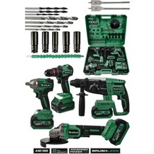 Assur 21V Darbeli Kömürsüz 4'lü Set Kırıcı Delici Hilti-Taşlama-Somun Sıkma Sökme-Matkap Vidalama Yeşil