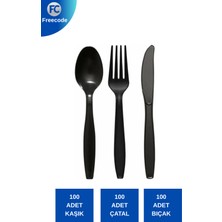Freecode Siyah Plastik Çatal Kaşık Bıçak Seti 3’lü | Tek Kullanımlık | Dayanıklı | 100'ER Adet