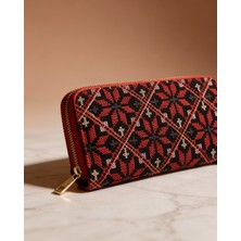 Filistin Geleneksel Renkli Kırmızı Nakışlı Tek Fermuarlı Kadın Büyük Cüzdeni 20*10 cm A100017
