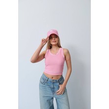 Kechi Woman Biyeli Crop Top, Kolsuz Triko Bluz, Kontrast Şeritli Tasarım Ottoman Kumaş