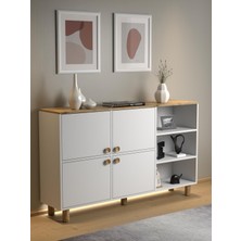 Wood'n Love Nora Bohem Ledli Konsol - Çok Amaçlı Dolap 4 Kapak 3 Raflı - Atlantik Çam / Beyaz