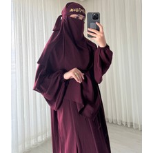 Atelier Cheval Medine Ipeği Sufle Elbise Peçe Takımı, Hac Umre Kadın Ferace Takım, Tesettür Elbise Takım (3 Parça)
