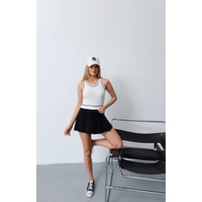 Kechi Woman Biyeli Crop Top, Kolsuz Triko Bluz, Kontrast Şeritli Tasarım Ottoman Kumaş
