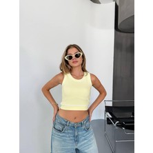 Kechi Woman Biyeli Crop Top, Kolsuz Triko Bluz, Kontrast Şeritli Tasarım Ottoman Kumaş