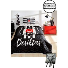 Taç Lisanslı Beşiktaş Stripe Tek Kişilik Yatak Örtüsü Seti Mini 3D Portre Hediyeli