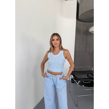 Kechi Woman Biyeli Crop Top, Kolsuz Triko Bluz, Kontrast Şeritli Tasarım Ottoman Kumaş