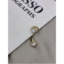 Hedef Bijuteri Gold Renk Dört Yapraklı Beyaz Yonca Zirkon Taşlı Halka Küpe CM166