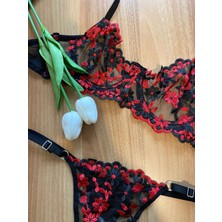 Feenia Kırmızı Çiçek Işlemeli Siyah Tül Sütyen Takım