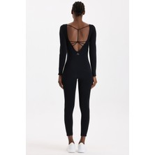 Sırtı Açık Uzun Spor Tulum Siyah