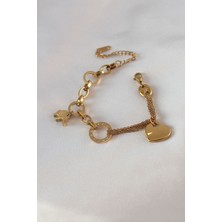 Taş Ve Oyun Atölyesi Taşveoyunatölyesi 316L Çelik Gold Renk 2'li Zincir Model Zirkon Taş Detay Kadın Bileklik TG27BB5457