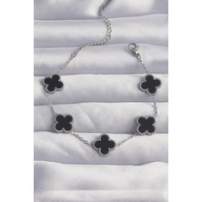 Taş Ve Oyun Atölyesi Taşveoyunatölyesi 316L Çelik Gümüş Renk Siyah Mineli Yonca Bileklik TG27BB6257