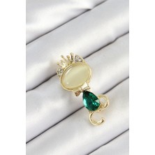 Taş Ve Oyun Atölyesi Taşveoyunatölyesi Yeşil Damla Zirkon Taşlı Kraliçe Taçlı Kedi Figürlü Gold Renk Kadın Broş TG27BR450