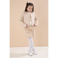 Cansın Mini Bej Gül Detaylı Şort Etekli ve Ceketli Kız Çocuk 3lü Badili Takım 23611