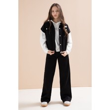 Cansın Mini Siyah Düğmeli Sıfır Kol Yelekli Geniş Paça Pantolonlu Kız Çocuk Kapüşonlu 3lü Takım 23602