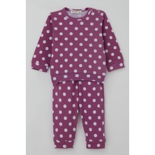 Breeze Kız Bebek Pijama Takımı Omuzdan Patlı Beyaz Puantiye Desenli 4 Ay-1 Yaş, Eflatun