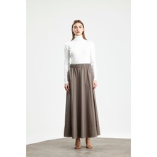 Parçalı Geniş Gabardin Pamuklu Etek Vizon