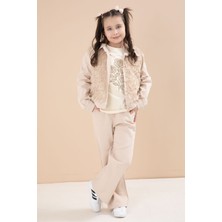 Cansın Mini Krem Önü Gül Işlemeli Ceketli Kız Çocuk Pantolonlu 3lü Alt Üst Takım 23606