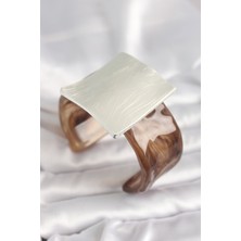 Taş Ve Oyun Atölyesi Taşveoyunatölyesi Kahverengi Mermer Desen Akrilik Plastik Gümüş Kare Plaka Model Vintage Kadın Bilezik TG27BB6672