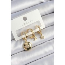 Taş Ve Oyun Atölyesi Taşveoyunatölyesi Pirinç Zirkon Taşlı Yıldız ve Ay Model Gold Renk 3'lü Çift Kadın Küpe Set TG27BKP10833