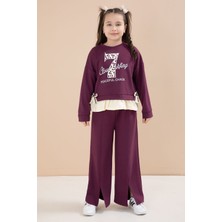Cansın Mini Bordo Yırtmaçlı Pantolonlu Fiyonklu Yazılı Badili Kız Çocuk 2li Takım 23597
