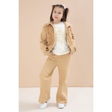 Cansın Mini Bej Önü Gül Işlemeli Ceketli Kız Çocuk Pantolonlu 3lü Alt Üst Takım 23608