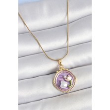 Taş Ve Oyun Atölyesi Taşveoyunatölyesi 316L Çelik Gold Renk Zincir Mor Mineli Incili Çiçek Işlemeli Portre Model Kadın Kolye TG27BKO10149